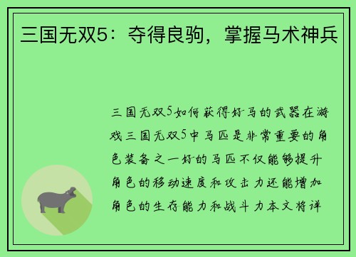 三国无双5：夺得良驹，掌握马术神兵